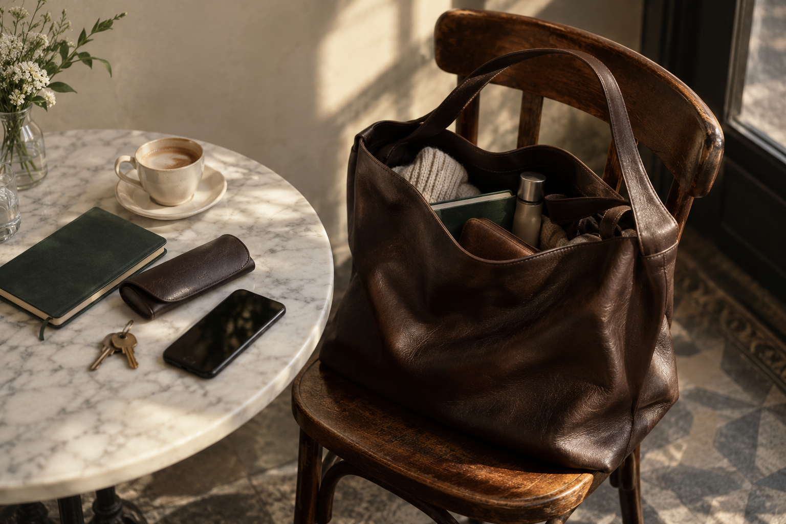 An AI-generated scene shows an open brown bag on a wooden chair beside a notebook, glasses case, keys and phone.