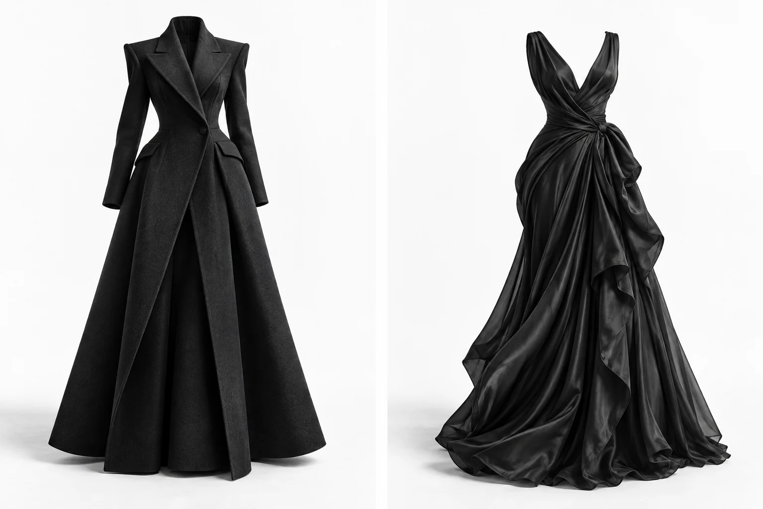 Original conceptual fashion illustration: an architectural black coat beside a softly draped black dress, both fictional and unbranded.